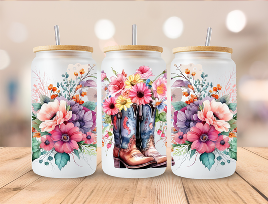 Floral Cowboy Boots - 16 oz Libby UV DTF Wrap