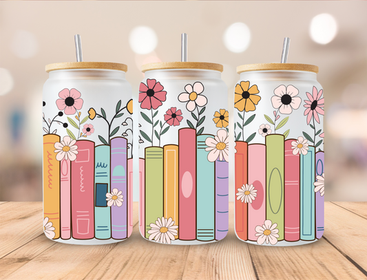 Floral Stacked Books - 16 oz Libby UV DTF Wrap