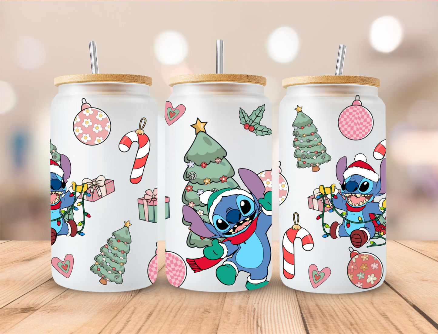 Pastel Christmas Dancing Alien - 16oz Libby UV DTF Wrap