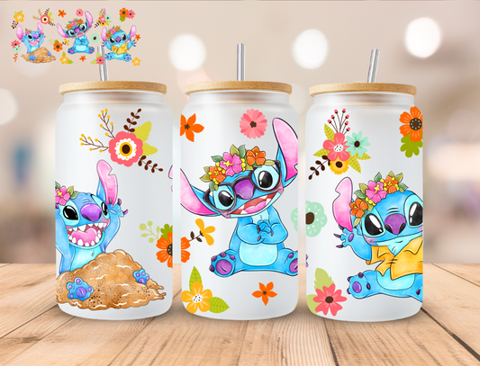 Floral Summer Blue Alien - 16 oz / 20 oz Libby UV DTF Wrap