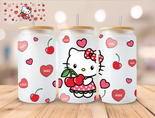 Cherry Heart Kitty - 16 oz / 20 oz Libby UV DTF Wrap