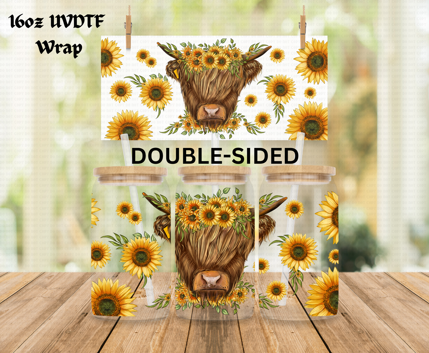 Sunflower Highland Cow - 16 oz Libby UV DTF DOUBLESIDED Wrap RTS