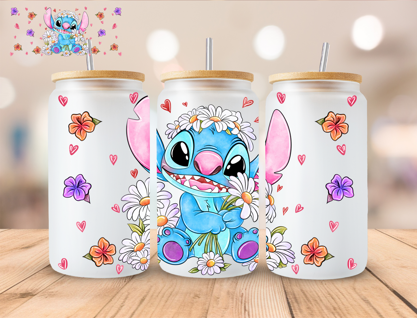 Floral Blue Alien - 16 oz / 20 oz Libby UV DTF Wrap