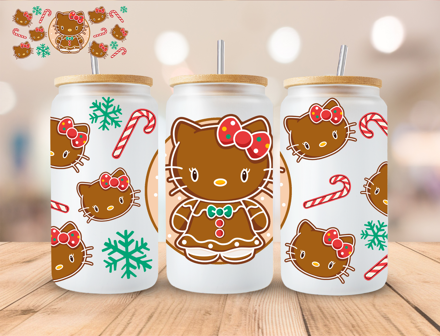 Christmas Gingerbread Kitty - 16 oz / 20 oz Libby UV DTF Wrap EXCLUSIVE DESIGN