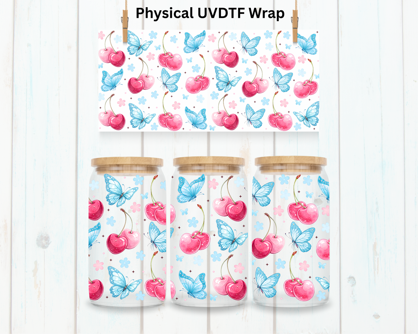 Cherries And Blue Butterflies - 16 oz / 20 oz Libby UV DTF