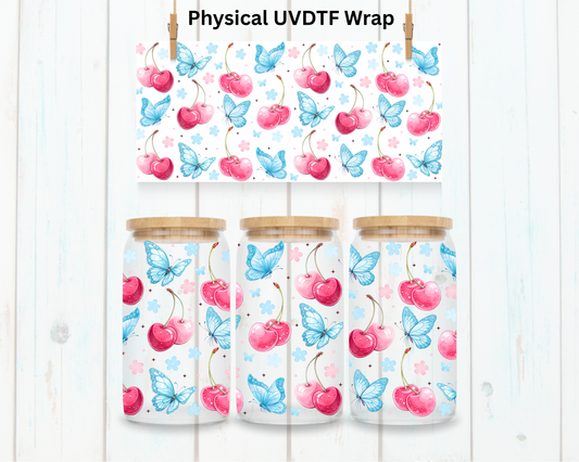 Cherries And Blue Butterflies - 16 oz / 20 oz Libby UV DTF