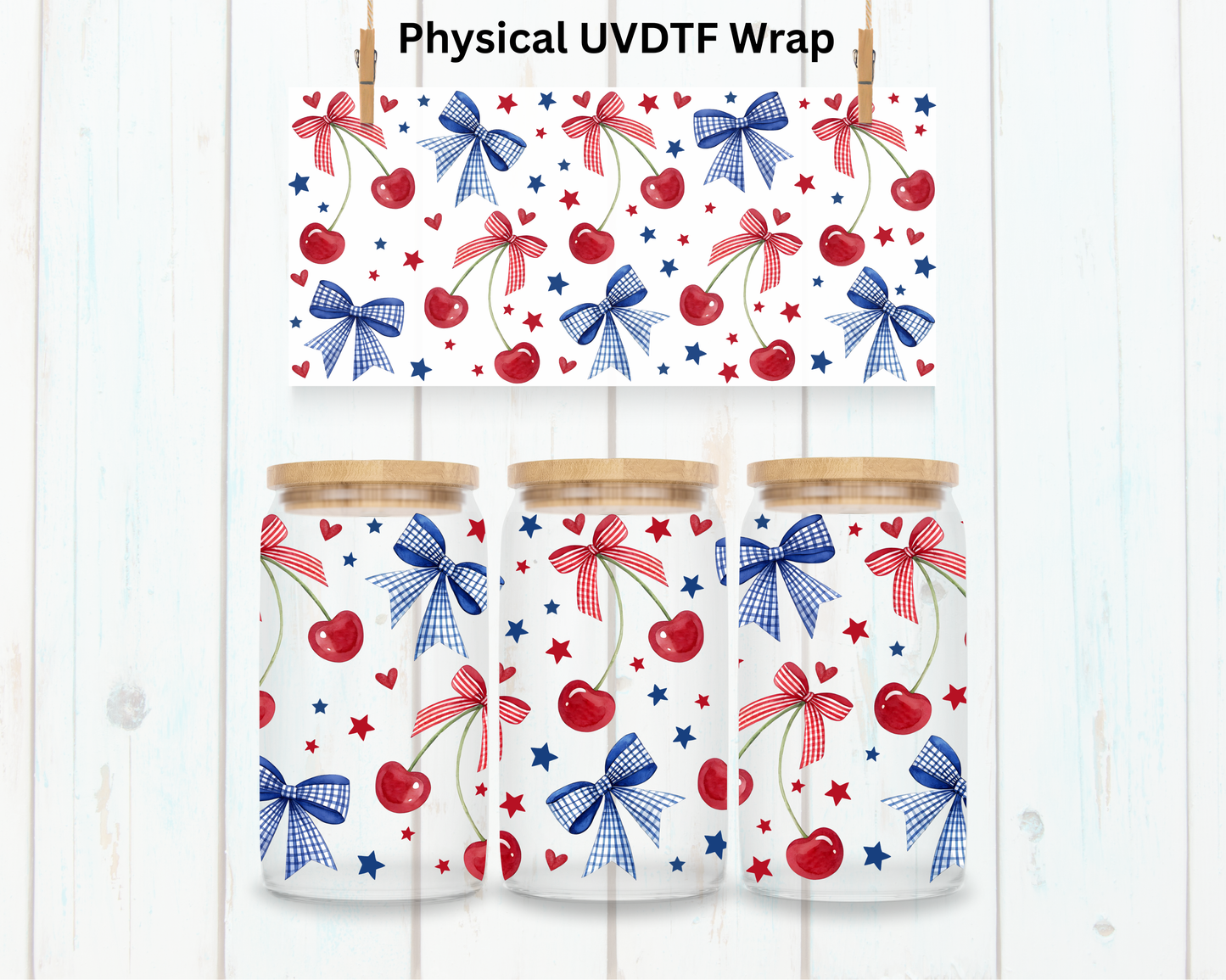 Cherries Red And Blue Coquette Bows - 16 oz / 20 oz Libby UV DTF