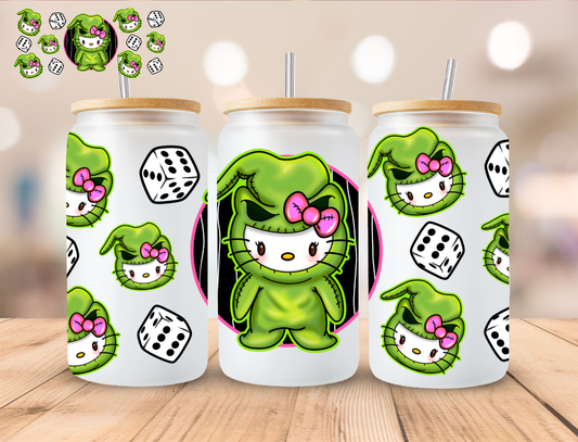 Halloween Green Dice Kitty - 16 oz / 20 oz Libby UV DTF Wrap EXCLUSIVE DESIGN