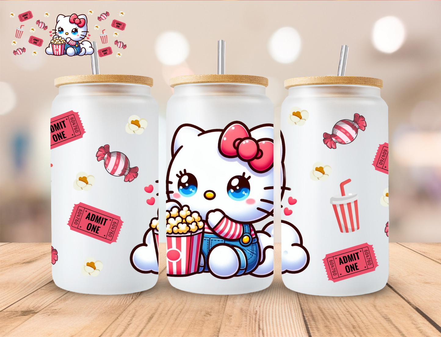 Popcorn Kitty - 16 oz / 20 oz Libby UV DTF Wrap
