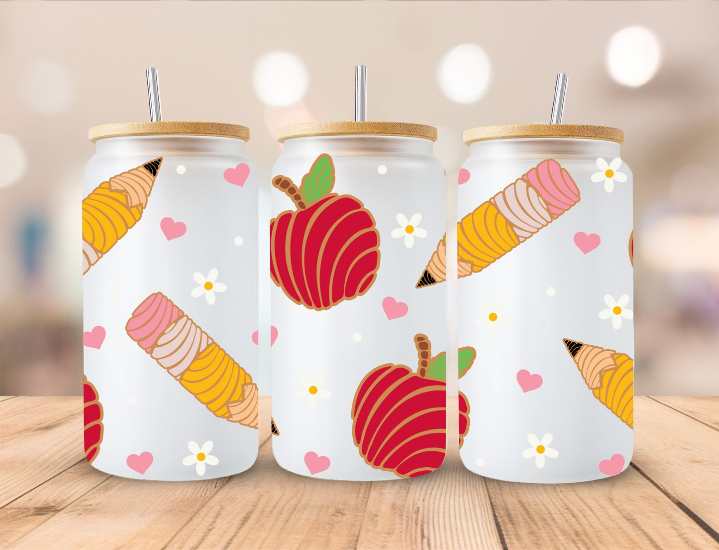 Concha Apple And Pencils School - 16 oz / 20 oz Libby UV DTF Wrap