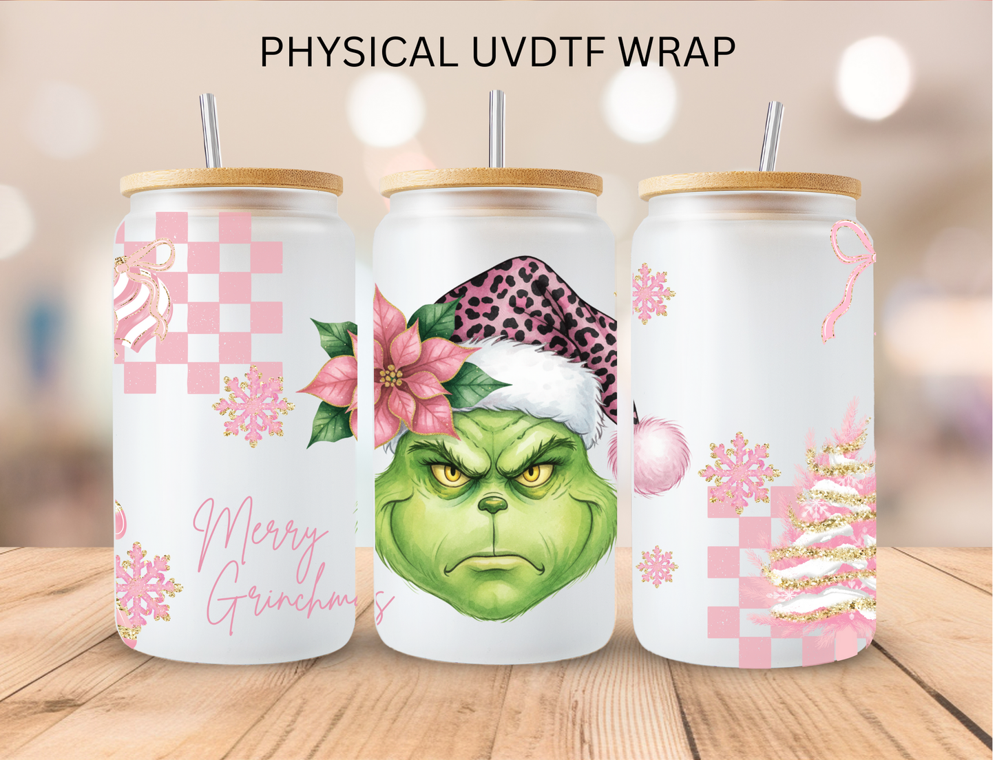 Christmas Pink Checkered Mean Green - 16 oz / 20 oz Libby UV DTF Wrap