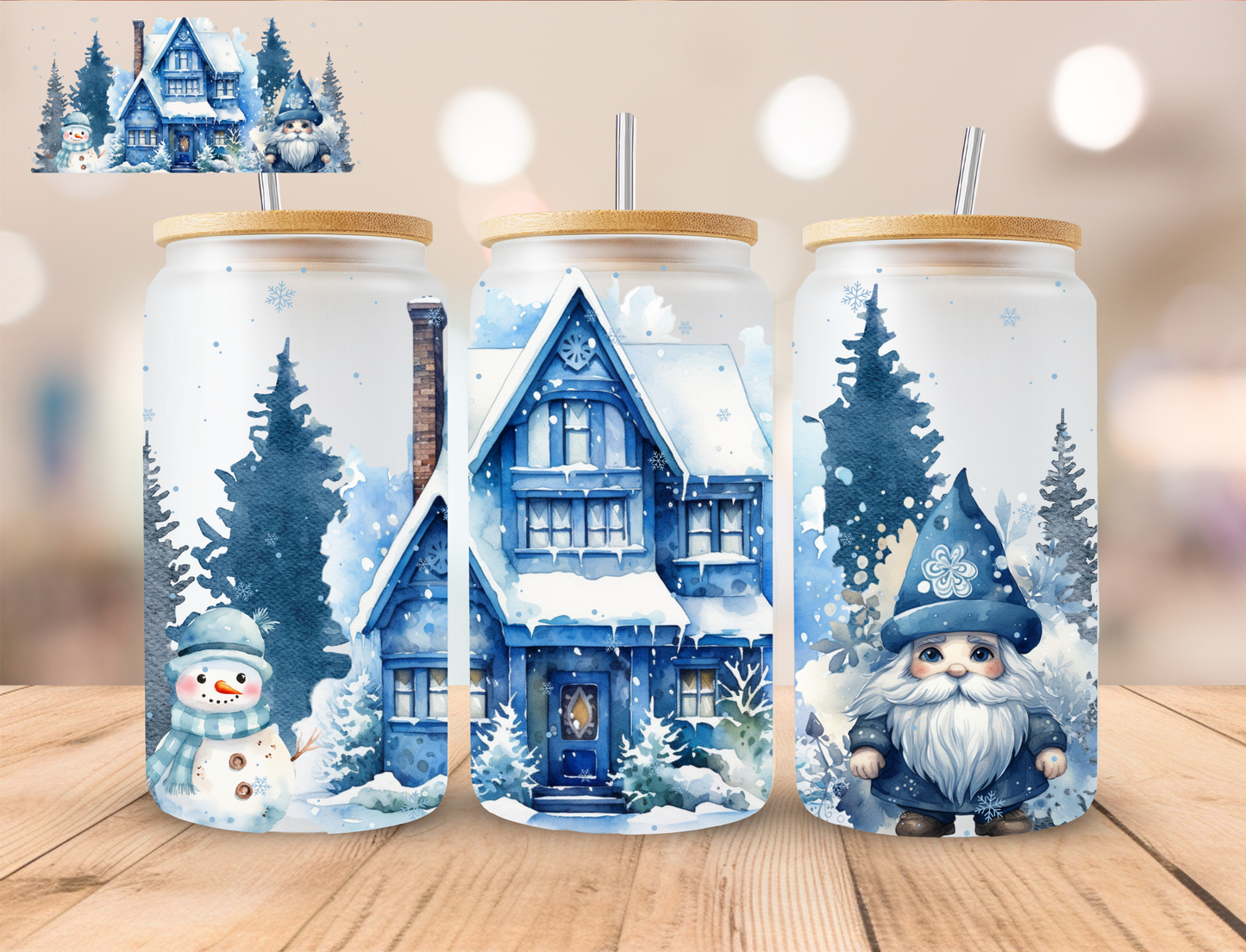 Blue Christmas Village - 16 oz / 20 oz Libby UV DTF Wrap