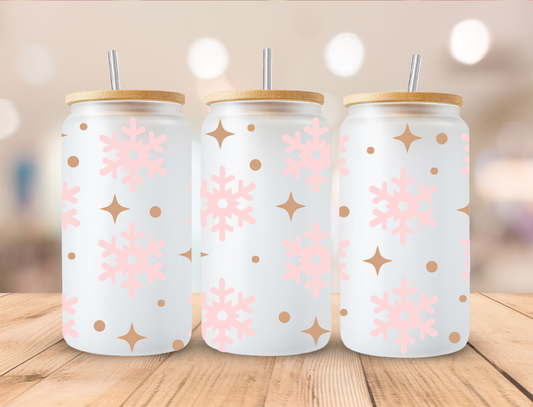 Christmas Pink Snowflakes - 16oz Libby UV DTF Wrap