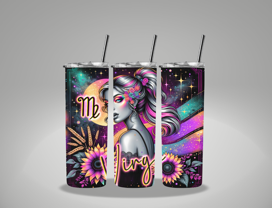 Zodiac Sign Neon Virgo - 20oz Skinny Tumbler / 25 Oz Glass Tumbler Wrap EXCLUSIVE