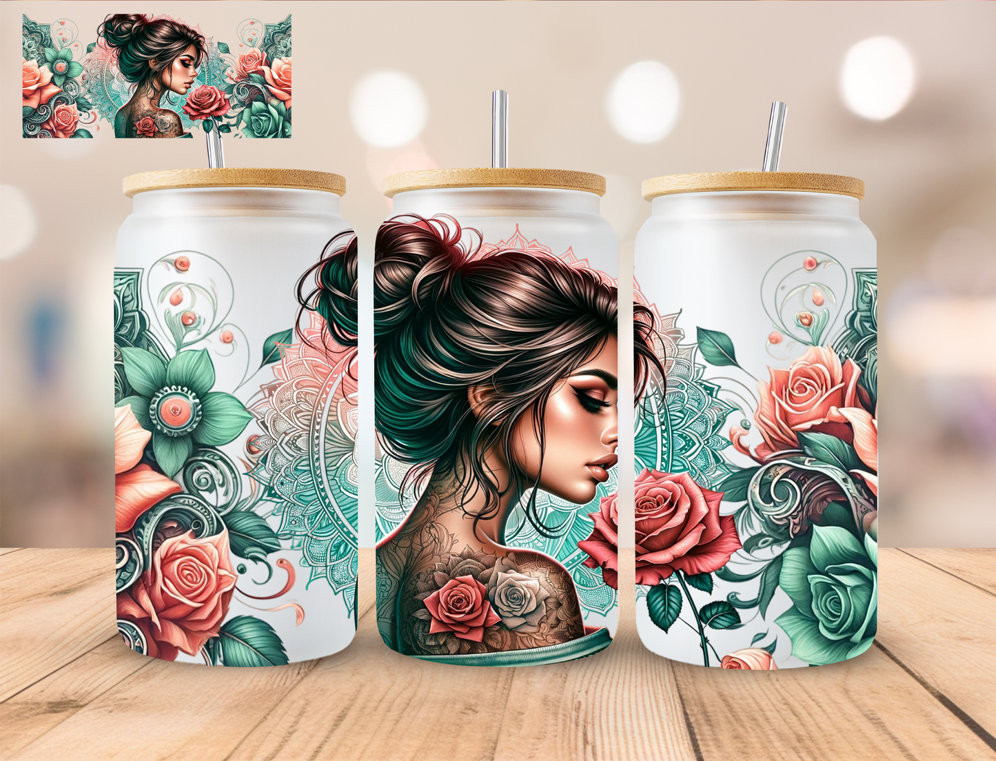 Floral Girl - 16 oz / 20 oz Libby UV DTF Wrap