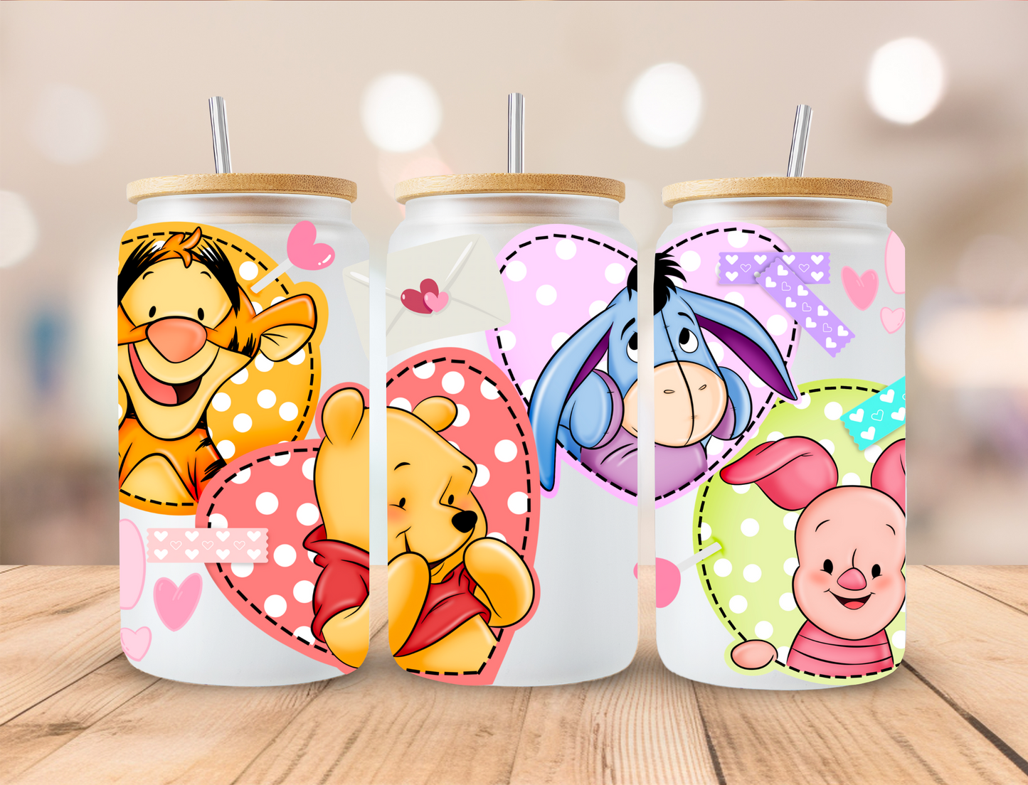 Valentines Bear And Friends Hearts - 16 oz / 20 oz Libby UV DTF Wrap