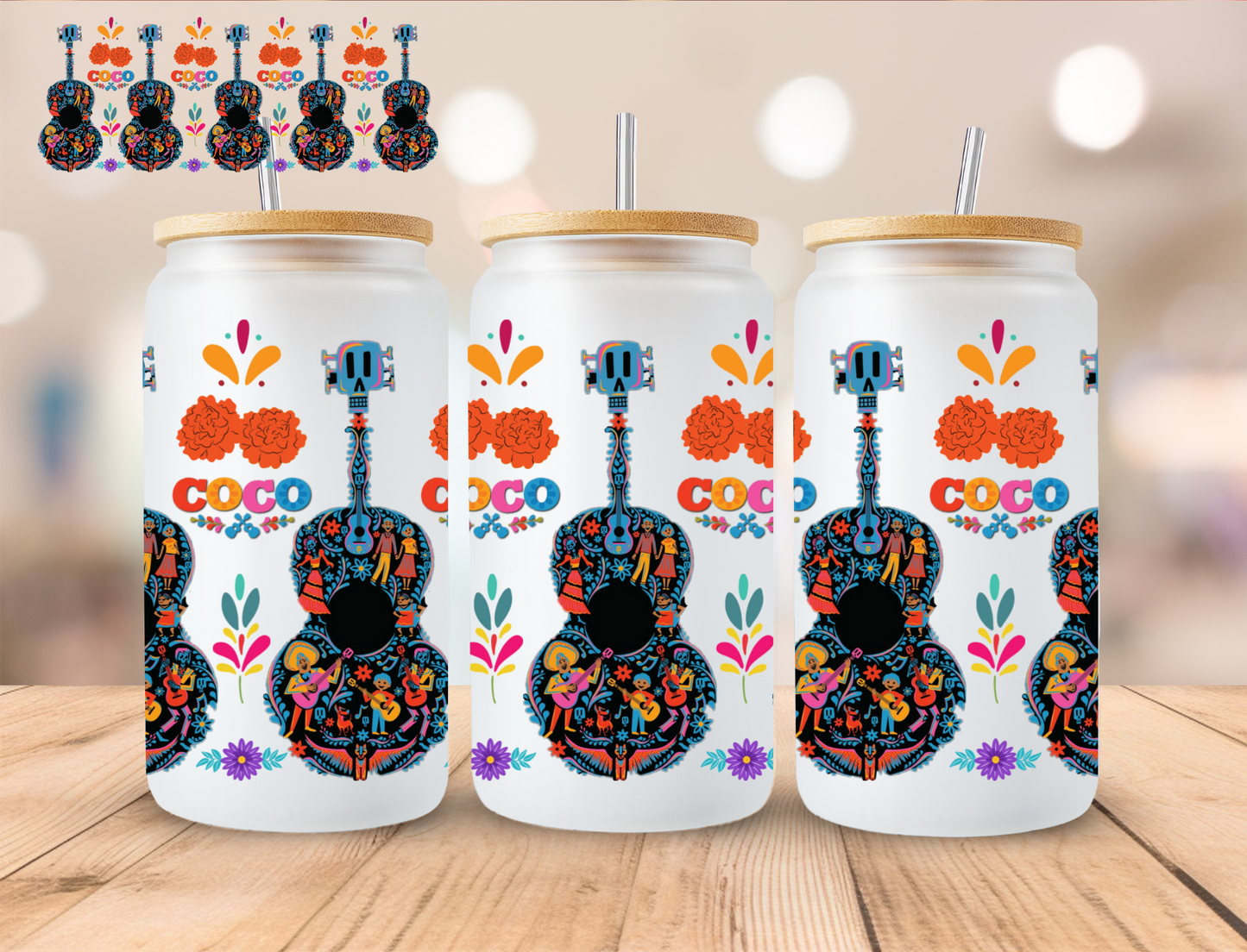 Dia De Los Muertos Guitar - 16 oz / 20 oz Libby UV DTF Wrap