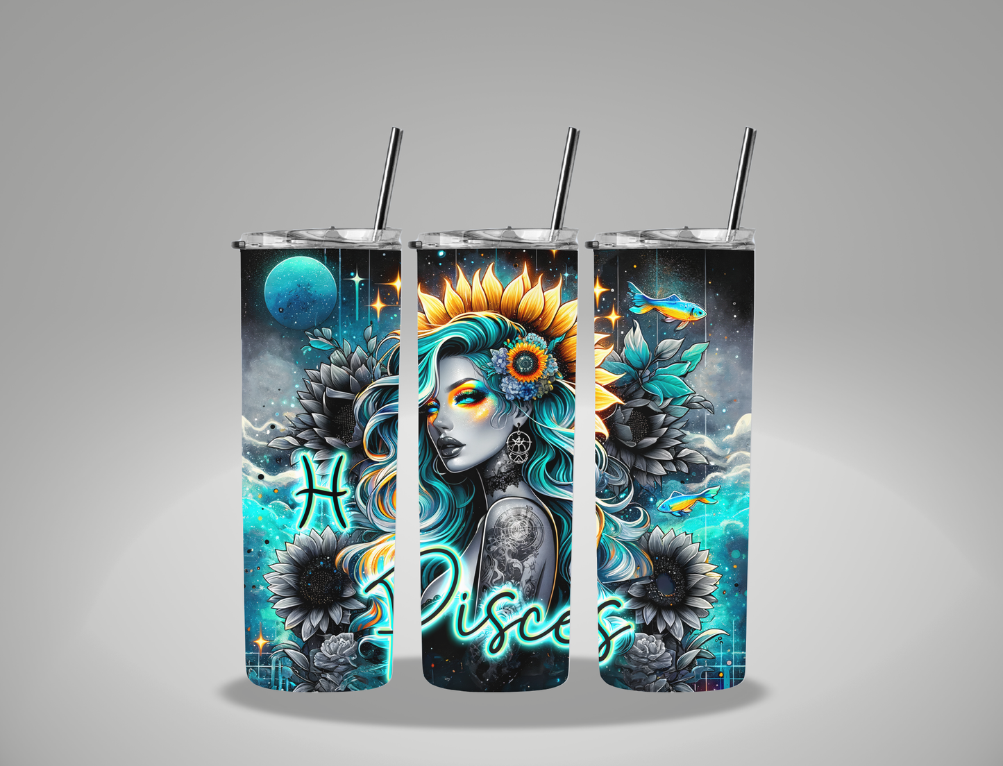 Zodiac Sign Neon Pisces - 20oz Skinny Tumbler / 25 Oz Glass Tumbler Wrap EXCLUSIVE