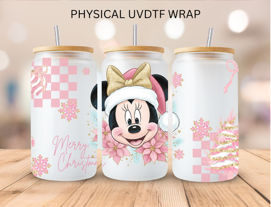 Christmas Pink Checkered Mouse Girl - 16 oz / 20 oz Libby UV DTF Wrap