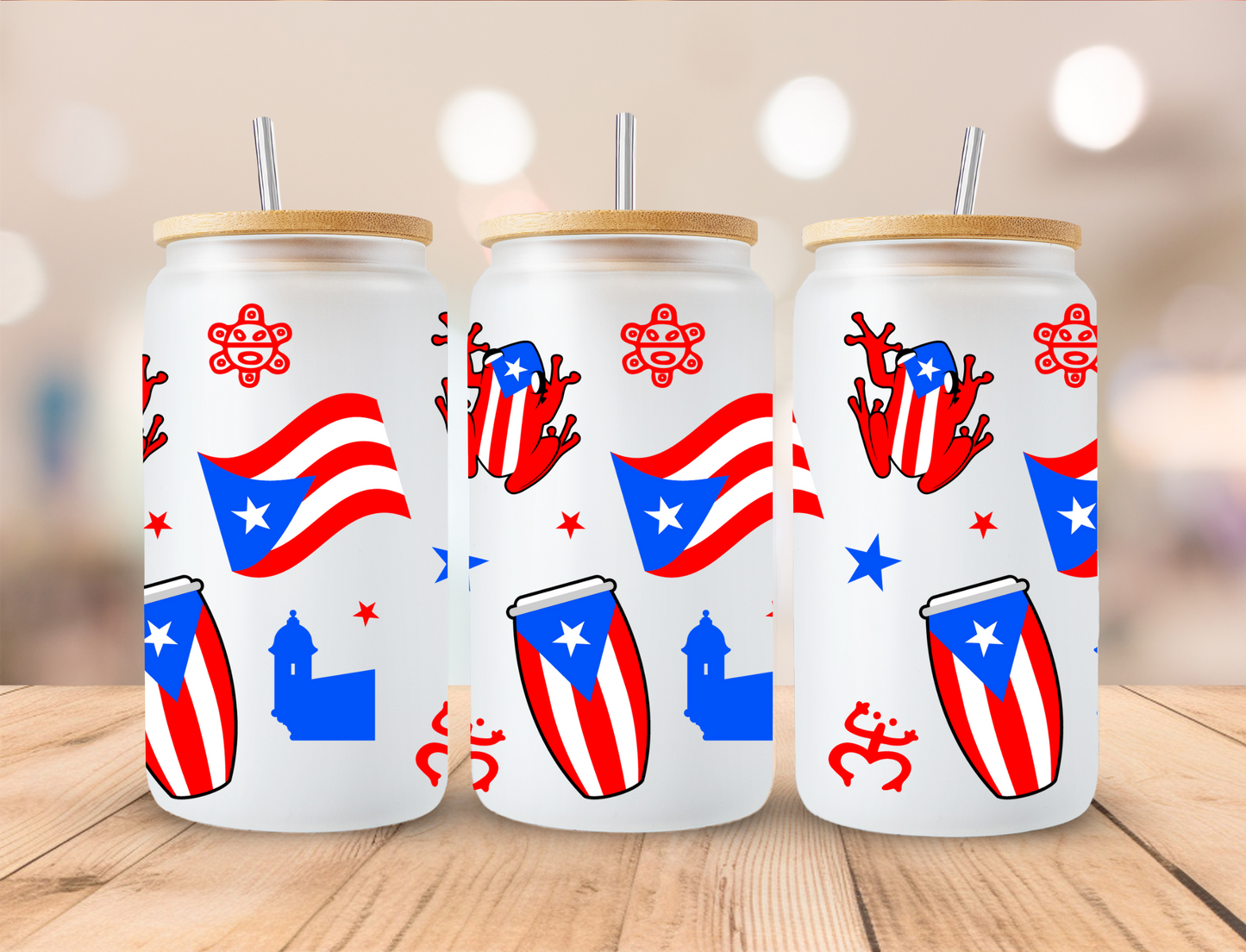 Puerto Rican Flag and Coqui - 16 oz / 20 oz Libby UV DTF Wrap