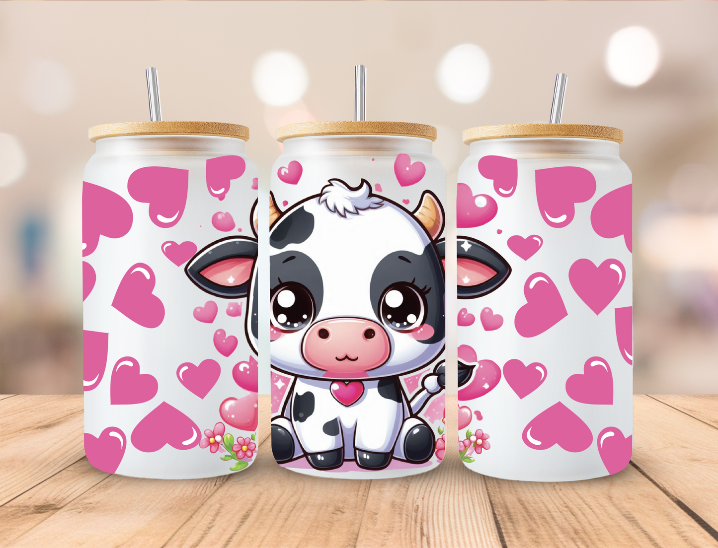 Pink Cow Hearts - 16oz/20oz Libby UV DTF Wrap