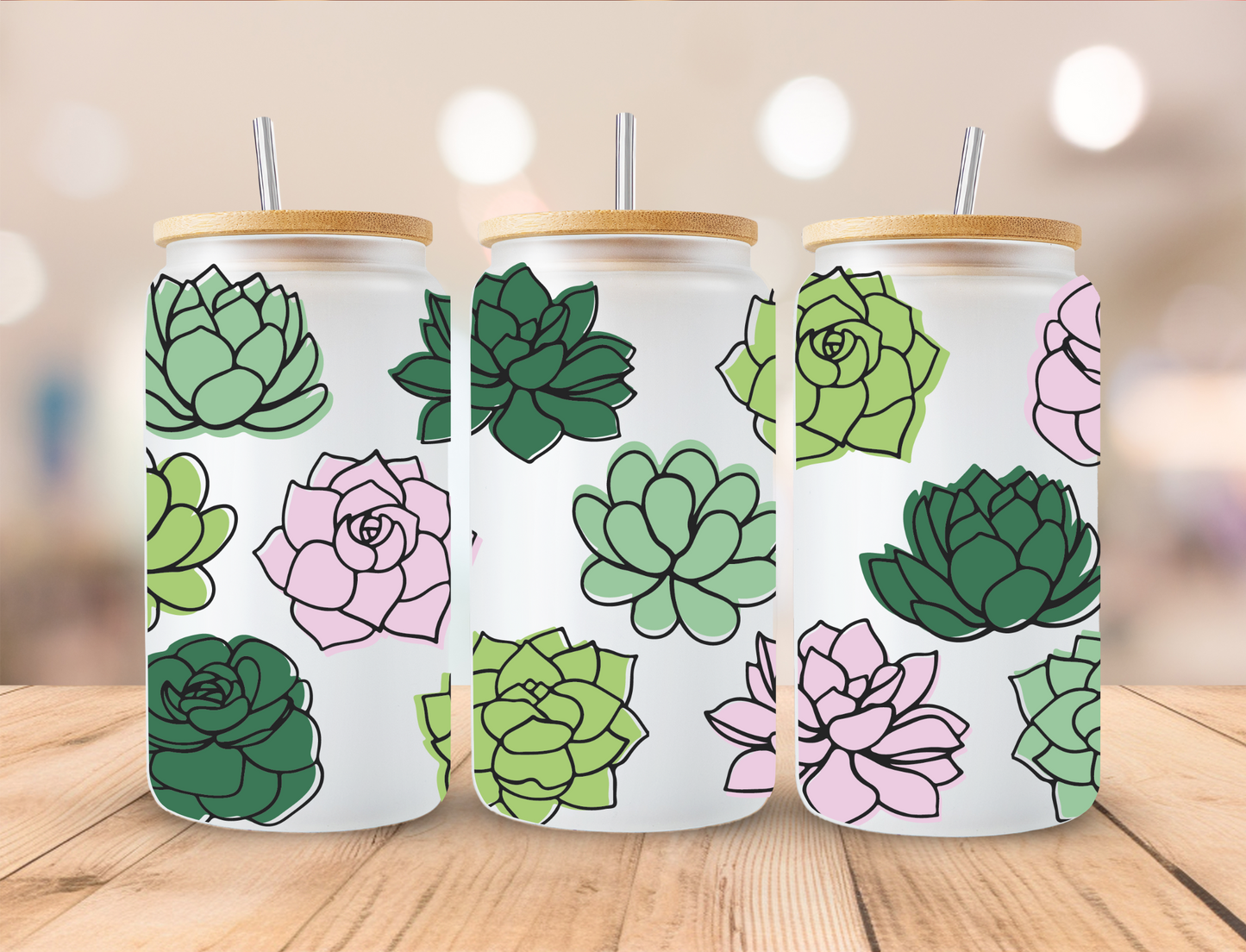 Green Succulents - 16 oz Libby UV DTF Wrap