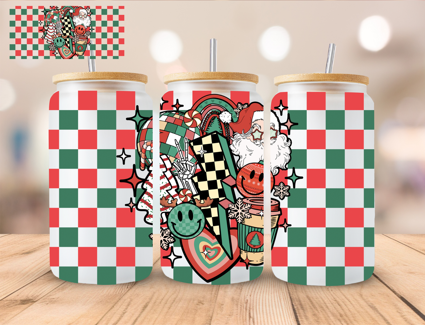 Christmas Checkered Retro - 16 oz / 20 oz Libby UV DTF Wrap