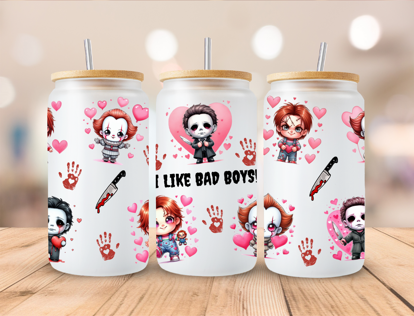 Valentines Horror Characters I Like Bad Boys - 16 oz / 20 oz Libby UV DTF Wrap