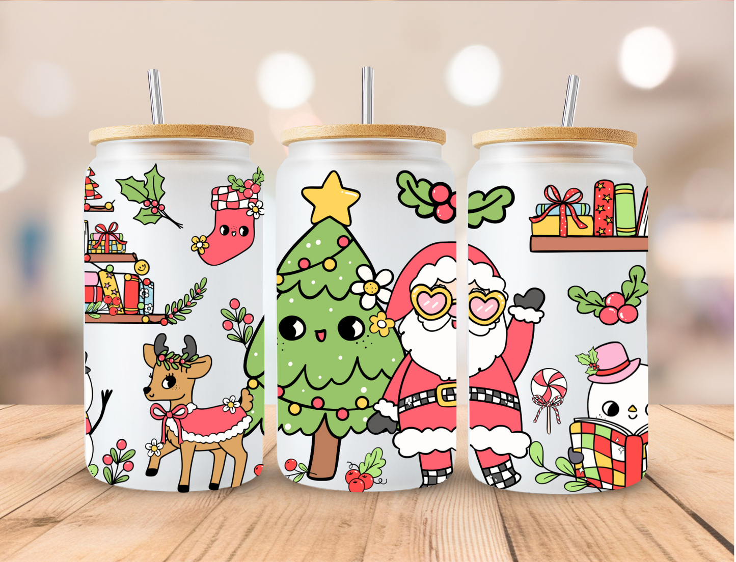 Christmas Retro Santa And Tree - 16 oz / 20 oz Libby UV DTF Wrap