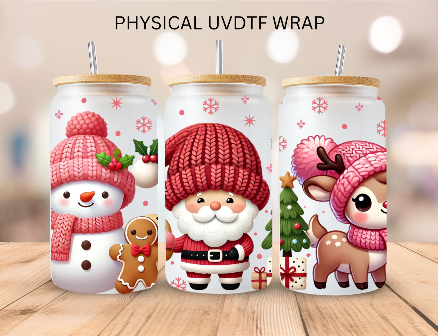 Christmas Snowman Santa Reindeer Crochet Hat - 16 oz / 20 oz Libby UV DTF Wrap