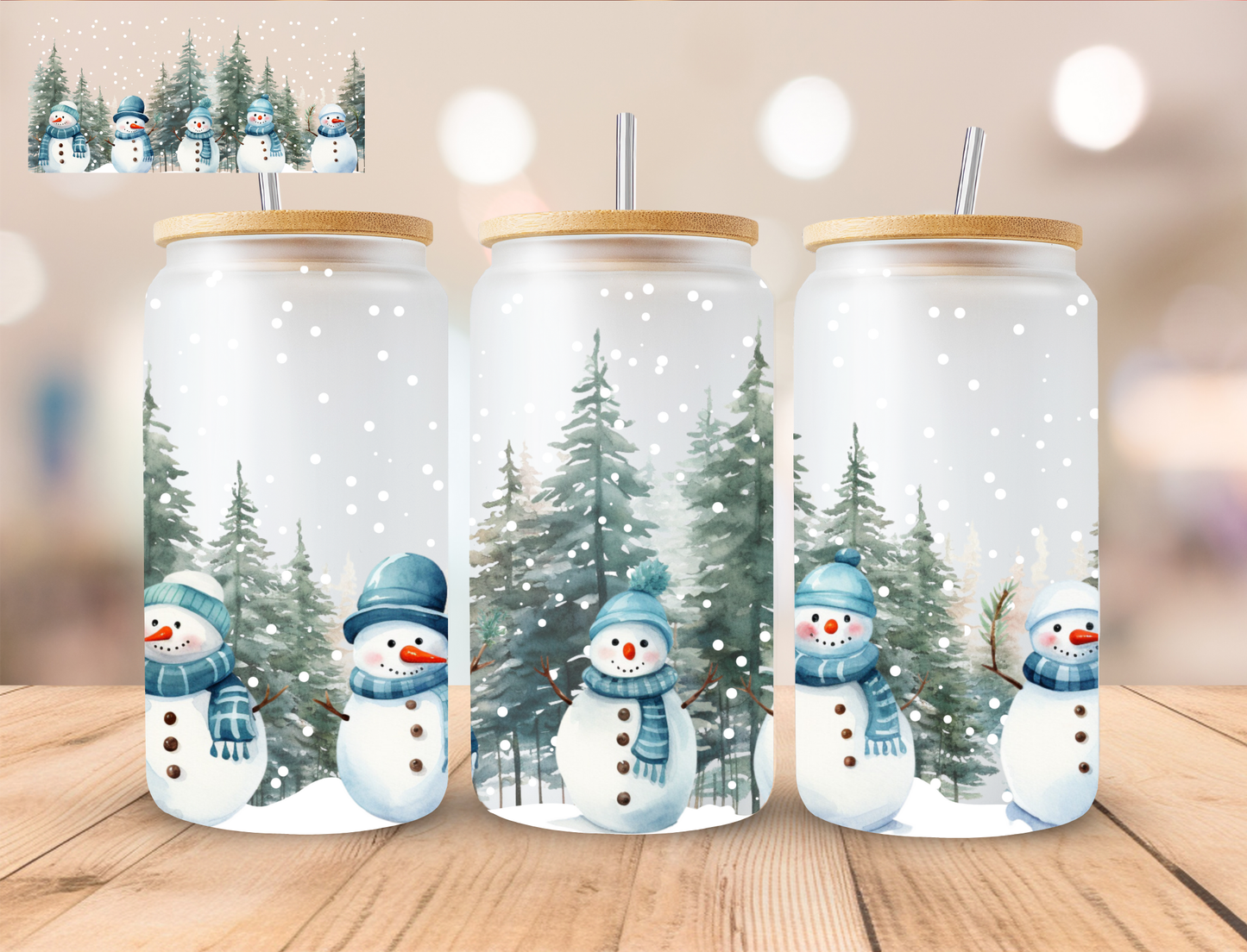 Christmas Blue Family Snowman - 16 oz / 20 oz Libby UV DTF Wrap