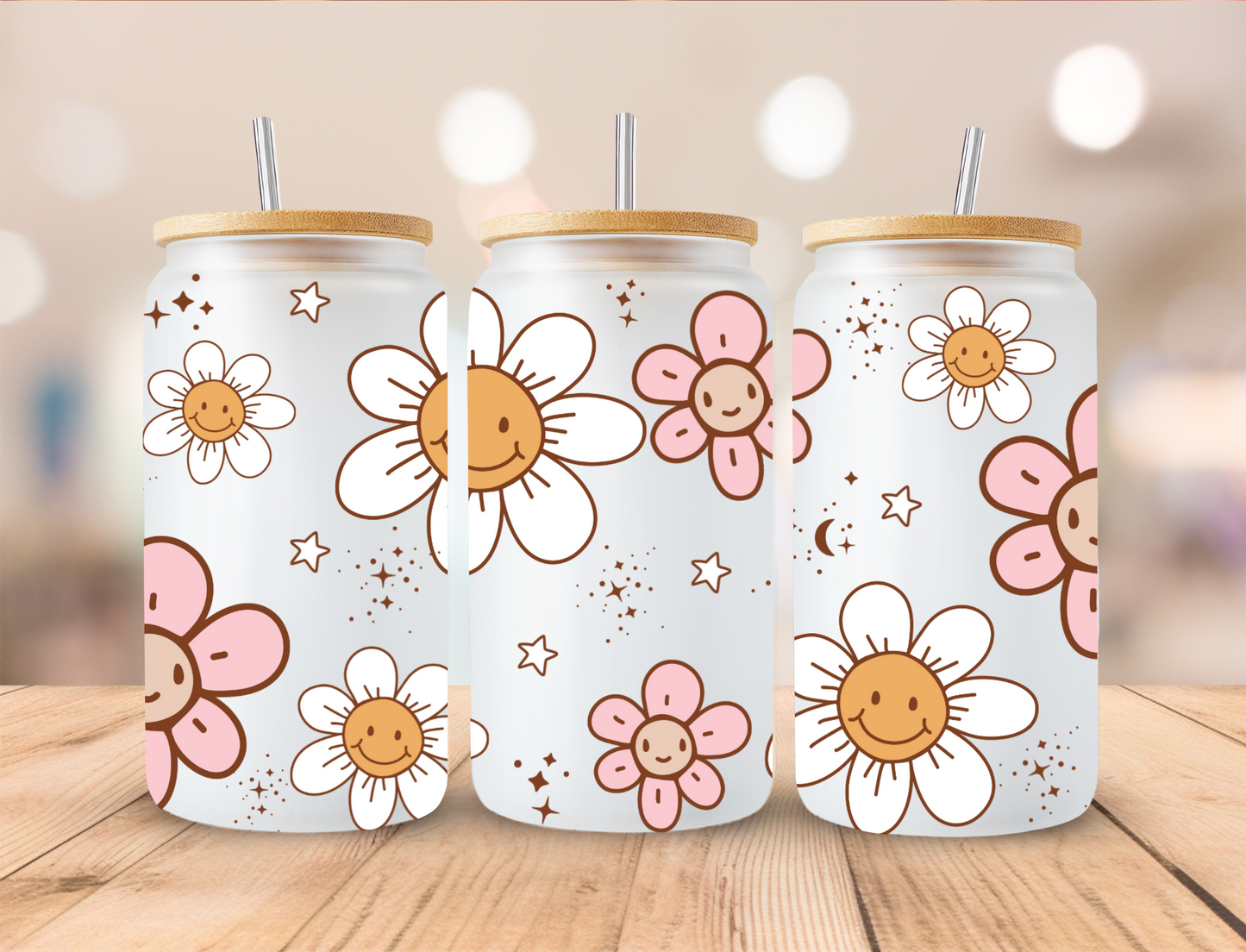 Floral Spring White And Pink Daisies - 16 oz / 20 oz Libby UV DTF Wrap