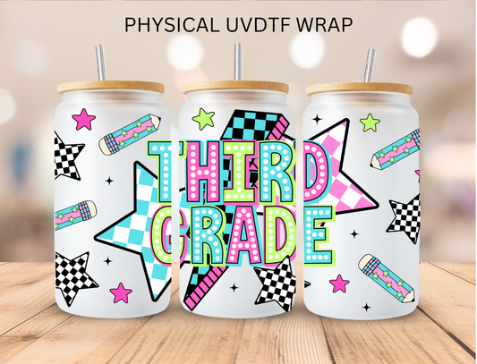 School Checkered Star Third Grade - 16 oz / 20 oz Libby UV DTF Wrap