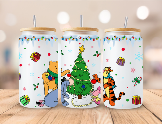 Yellow Bear And Friends Around Tree Christmas - 16oz Libby UV DTF Wrap RTS