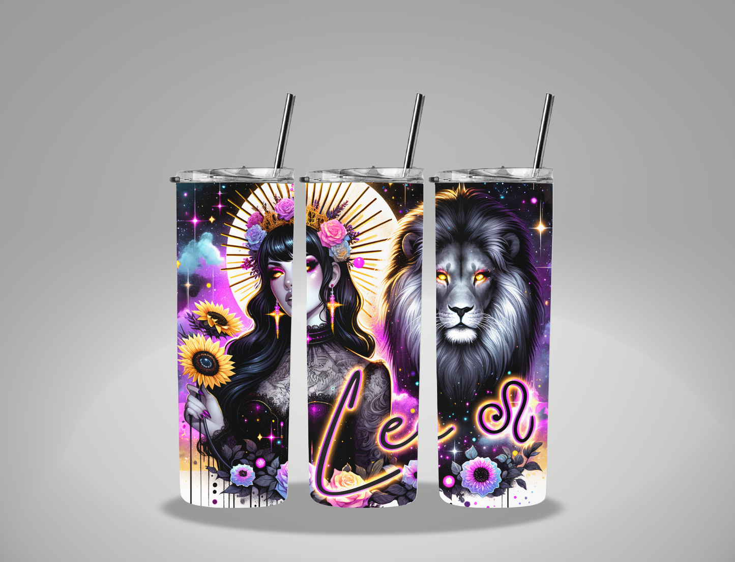 Zodiac Sign Neon Leo - 20oz Skinny Tumbler / 25 Oz Glass Tumbler Wrap EXCLUSIVE