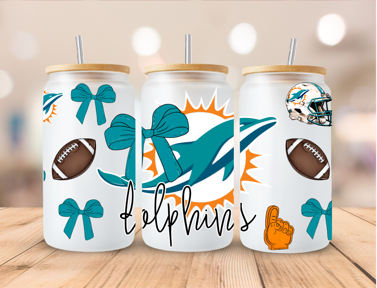 Football Sports Coquette Miami Dolphins - 16 oz / 20 oz Libby UV DTF Wrap