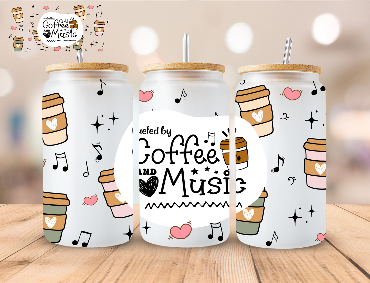 Coffee And Music - 16 oz / 20 oz Libby UV DTF Wrap