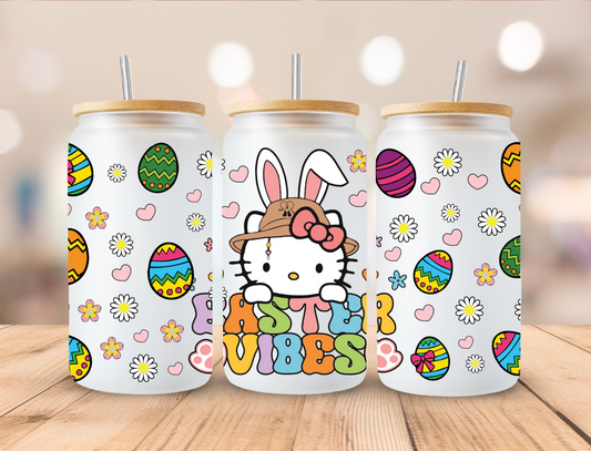 Happy Easter Bunny Kitty Daisy and Eggs - 16 oz / 20 oz Libby UV DTF Wrap