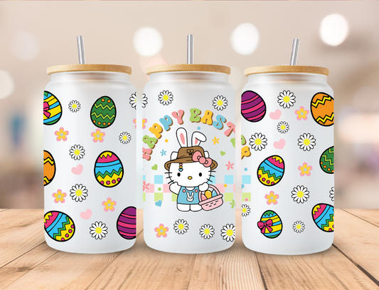 Happy Easter Bunny Kitty Holding Basket - 16 oz / 20 oz Libby UV DTF Wrap