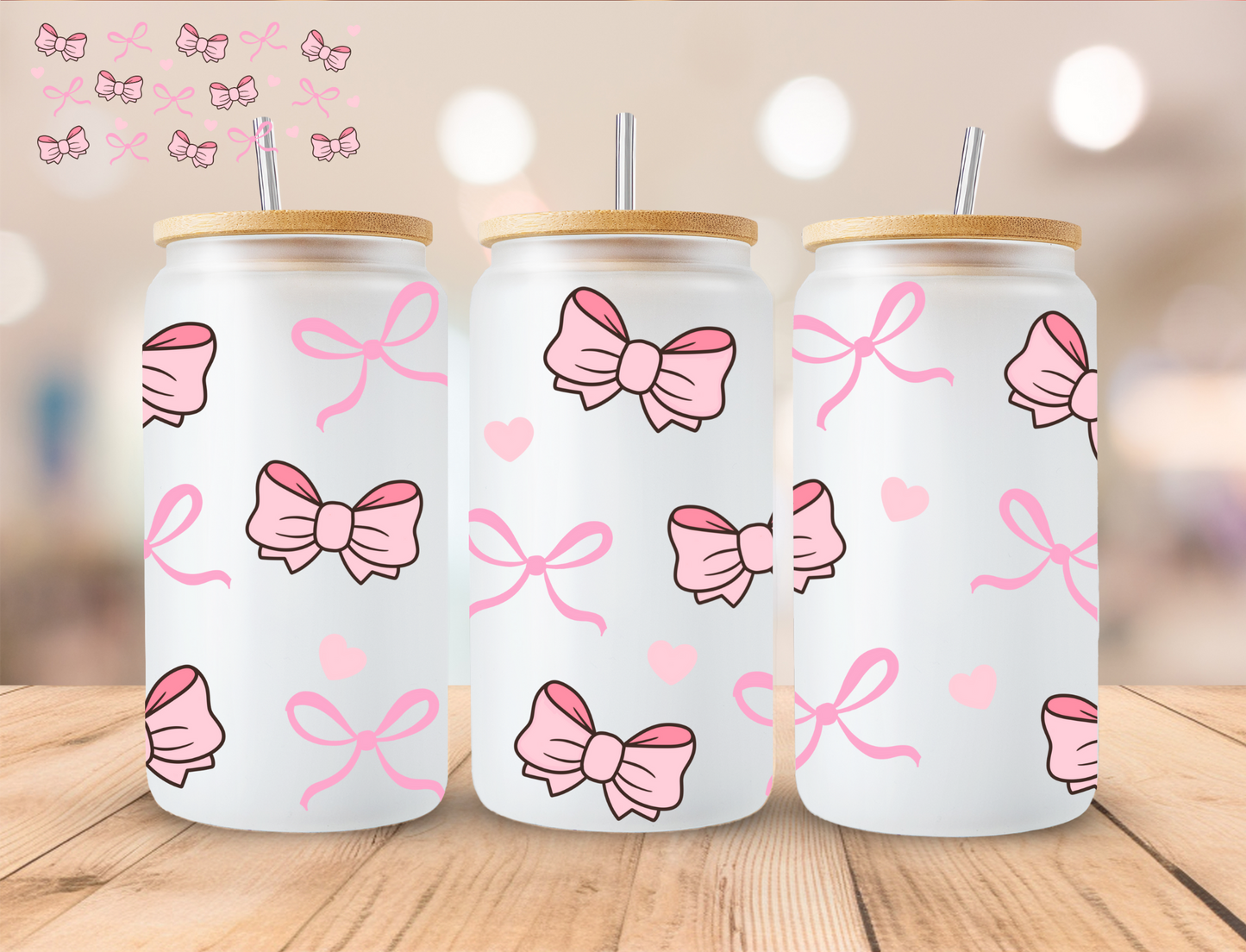 Couqette Pink Bows - 16 oz / 20 oz Libby UV DTF Wrap