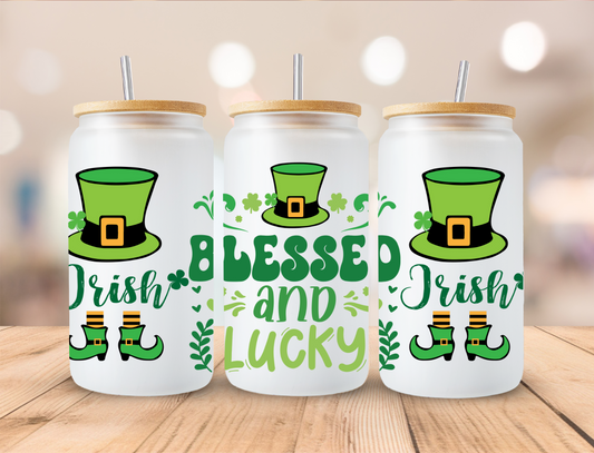 St Patrick's Day Blessed And Lucky - 16 oz / 20 oz Libby UV DTF Wrap