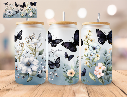 Blue Flowers And Butterflies - 16 oz / 20 oz Libby UV DTF Wrap