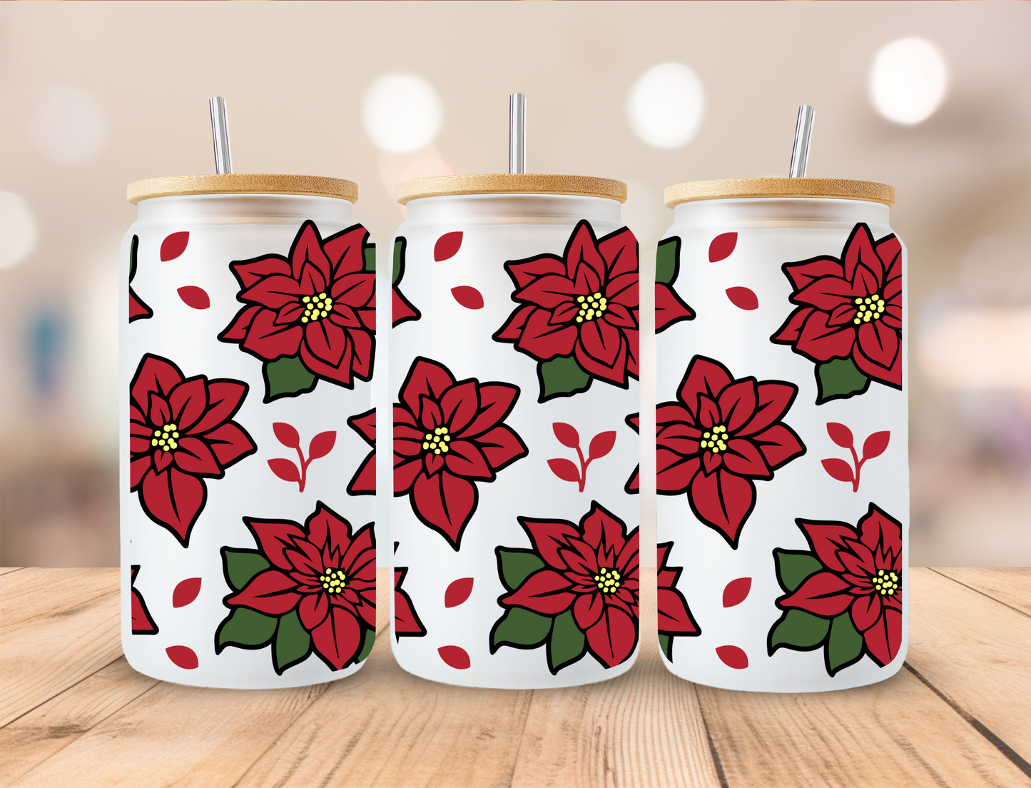 Christmas Poinsettia - 16oz Libby UV DTF Wrap RTS