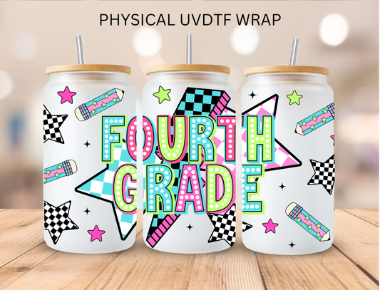 School Checkered Star Fourth Grade - 16 oz / 20 oz Libby UV DTF Wrap
