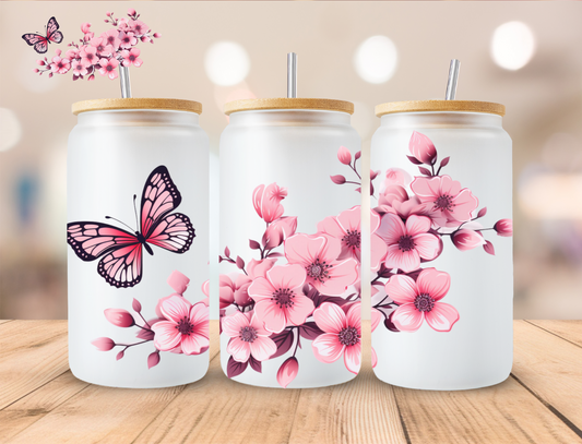 Floral Cherry Blossom And Butterfly - 16 oz / 20 oz Libby UV DTF Wrap