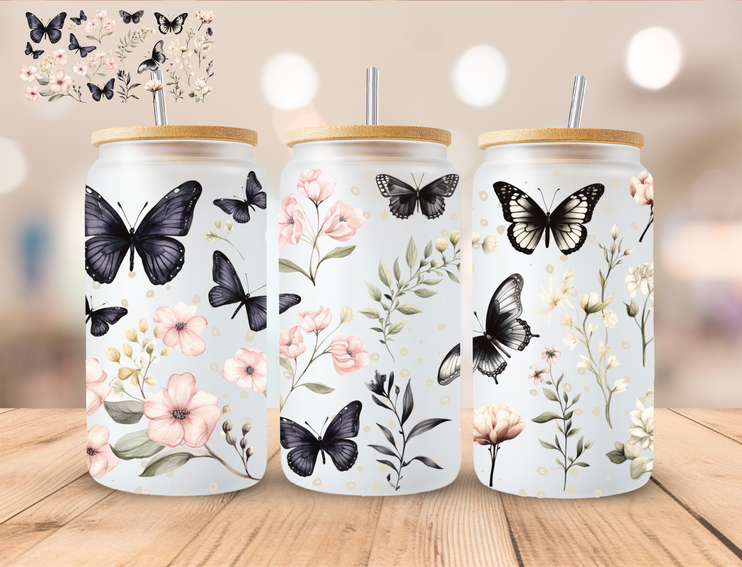 Grey Floral Butterfly - 16 oz / 20 oz Libby UV DTF Wrap