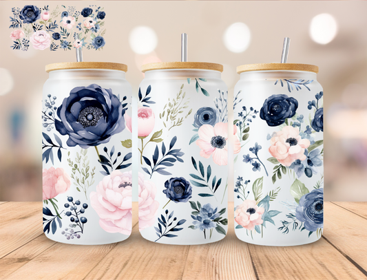 Blue and Pink Floral - 16 oz / 20 oz Libby UV DTF Wrap