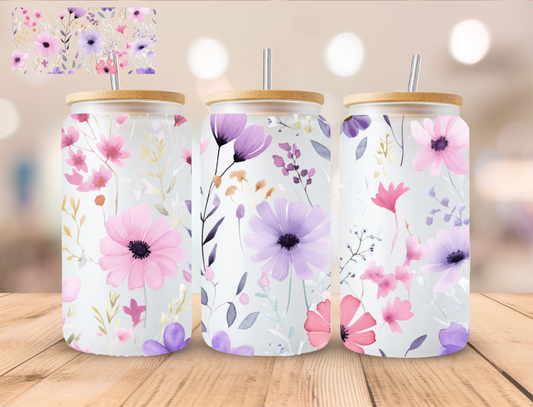 Purple And Pink Floral - 16 oz / 20 oz Libby UV DTF Wrap