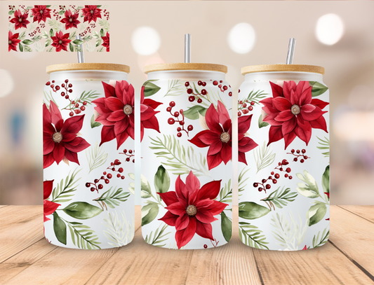 Floral Christmas Poinsette - 16 oz / 20 oz Libby UV DTF Wrap