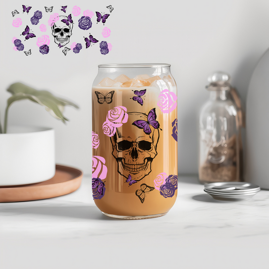 Purple Pink Roses Skeleton - 16 oz Libby UV DTF Wrap